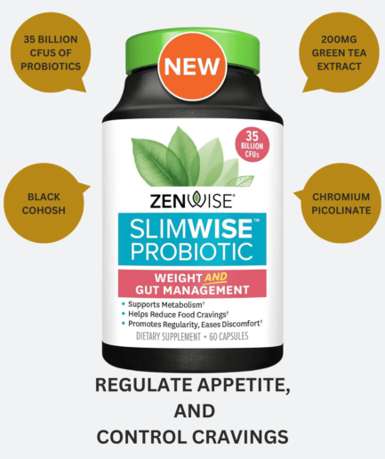 Zenwise Health SlimWise Weight Management Supplement - Experience Health in Harmony Discover the path to a balanced you with Zenwise Health SlimWise, a premium blend of probiotics, natural extracts, and essential nutrients designed to harmonize your gut health and weight management efforts. Specially formulated for both women and men, this robust 60-count capsule supplement offers a holistic approach to well-being. Key Features of Zenwise Health SlimWise: Potent Probiotic Blend: Packed with 35 billion CFUs of a Women's Health Probiotic, SlimWise goes beyond conventional supplements by supporting a balanced gut flora, promoting digestive regularity, and helping alleviate gas and intestinal discomfort—all within a non-GMO formula. Mood and Craving Support: Enriched with Black Cohosh, SlimWise acts to maintain a healthy mood balance and diminish food cravings, paving the way for a smoother weight management process. Metabolism and Energy Booster: Thanks to its inclusion of Green Tea extract—abundant with 45% EGCG—and Chromium Picolinate, these capsules help fire up your metabolism, boost your energy levels, and regulate appetite control. Weight Management Ally: Each serving is designed to bolster your weight management goals, helping regulate appetite, minimize cravings, and support a healthy body weight alongside regular exercise and a balanced diet. Convenient Daily Dose: With a 30-day supply in each bottle, SlimWise is easy to incorporate into your daily routine. Take two capsules each day with a meal, and feel the synergy between your wellness efforts and our advanced formula. Whether you're a health enthusiast, a fitness novice, or simply looking to balance your mood and diet, SlimWise's comprehensive and carefully curated ingredients provide the support you need for gut health, metabolism, and weight management. Zenwise Health embraces a commitment to fostering a healthy and positive lifestyle through natural, effective supplements. Make SlimWise a part of your daily regimen and move toward a healthier version of yourself, one capsule at a time.